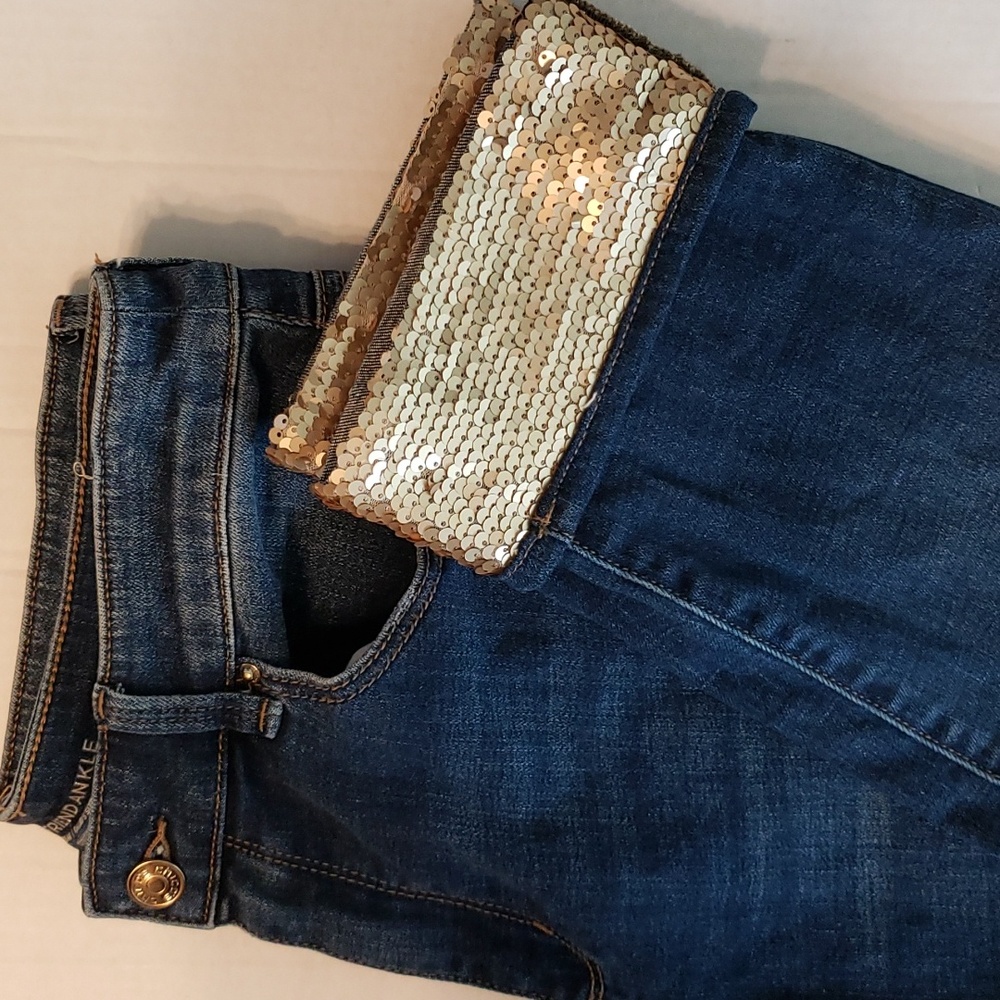 Chico's | Women's Emblisshed Boyfriend Ankle Gold Sequins Hem Denim Jeans S 4R
